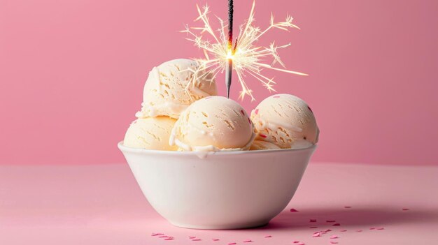 Helado de vainilla con fuegos artificiales en el medio