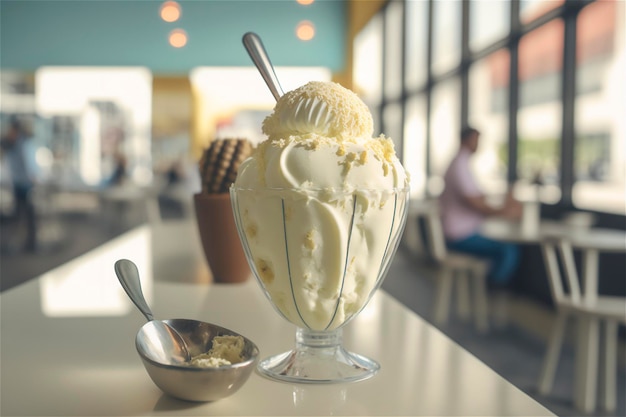 Helado de vainilla gourmet en un tazón de vidrio en la mesa de la heladería Postre congelado generado por IA