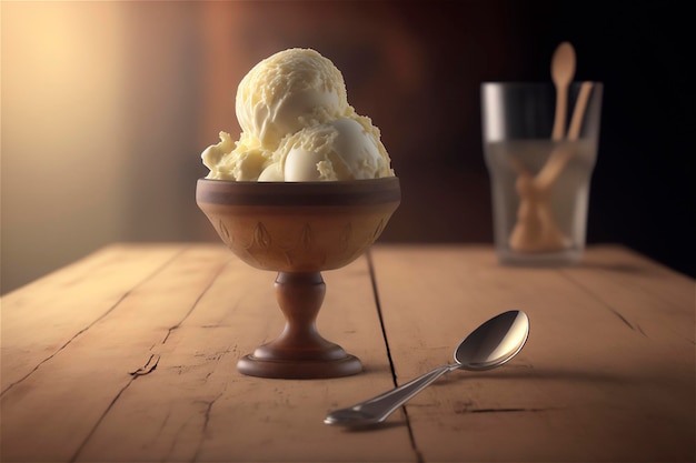 Helado de vainilla gourmet en un tazón de vidrio en la mesa de la heladería Postre congelado generado por IA