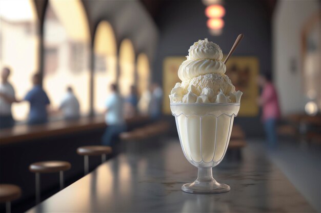 Helado de vainilla gourmet en un tazón de vidrio en la mesa de la heladería Postre congelado generado por IA