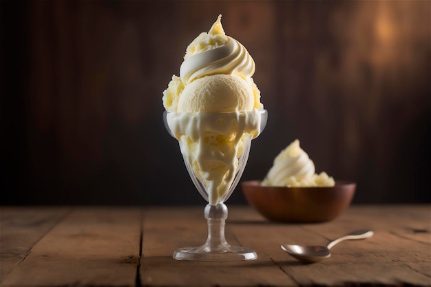 Helado de vainilla gourmet en un tazón de vidrio en la mesa de la heladería Postre congelado generado por IA