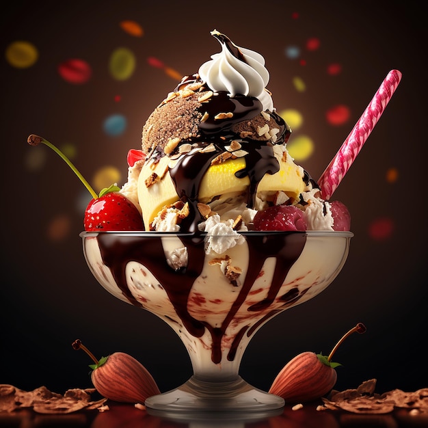 Helado de vainilla postre de helado de chocolate con cereza fondo aislado imagen generada por AI