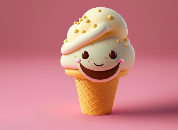 Helado de vainilla sonriente sobre un fondo rosa claro Día Mundial de la Sonrisa