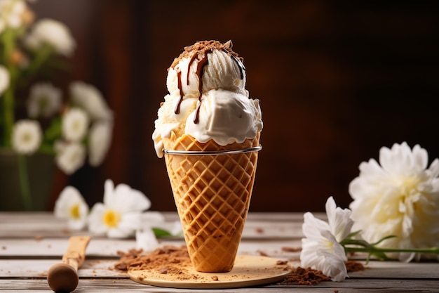 Helado de vainilla en taza de waffle sobre un fondo de flores IA generativa