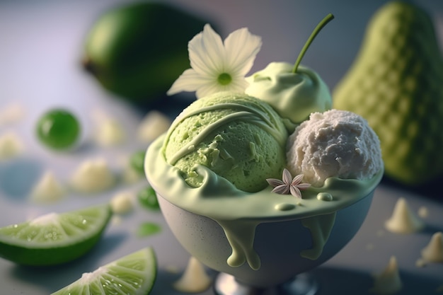 Helado vegano de fruta verde en taza Postre frío refrescante Ilustración de comida creada por IA generativa