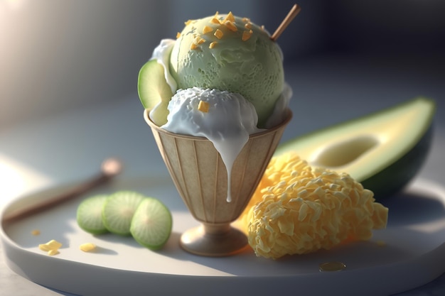 Helado vegano en taza Postre frío refrescante de pepino y aguacate Ilustración de comida creada por IA generativa
