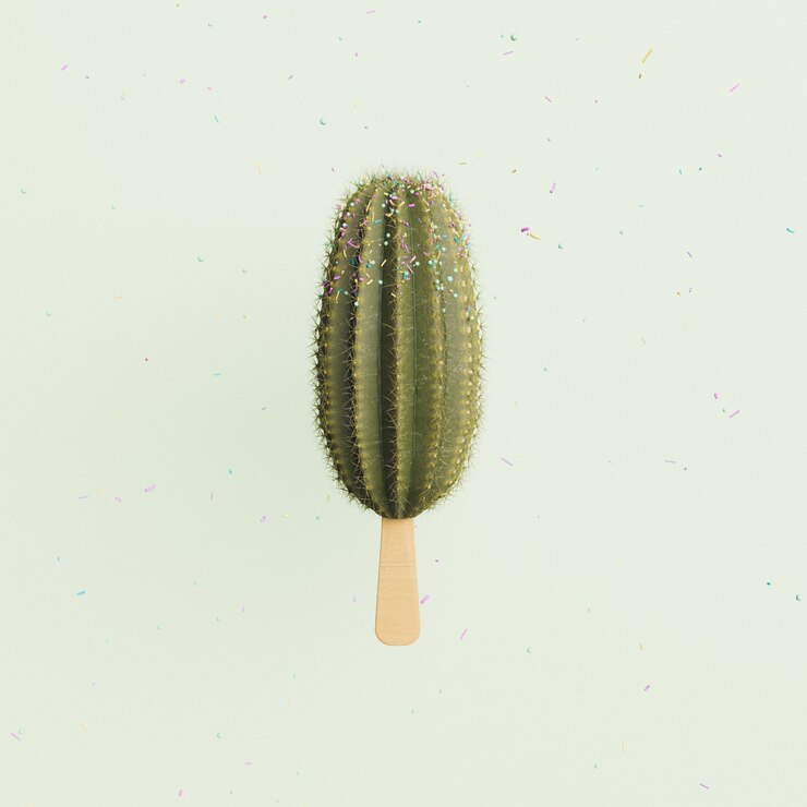 Helado de verano de cactus con confeti de colores cayendo. escena minimalista. Render 3d