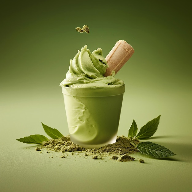 Un helado verde y marrón con un palito de hojas de menta