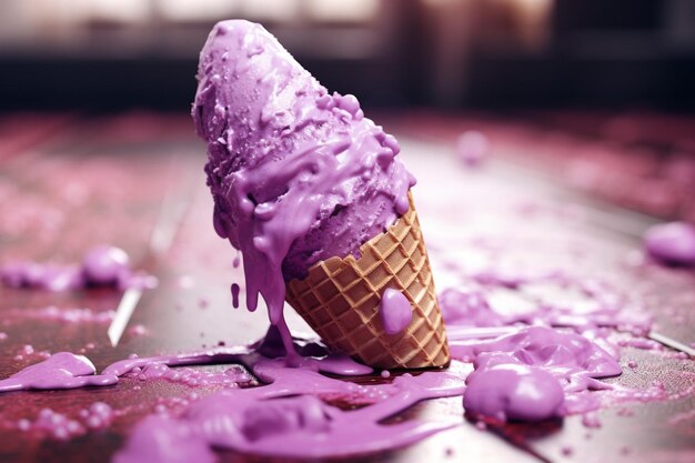 Foto helado violeta y cono en el suelo