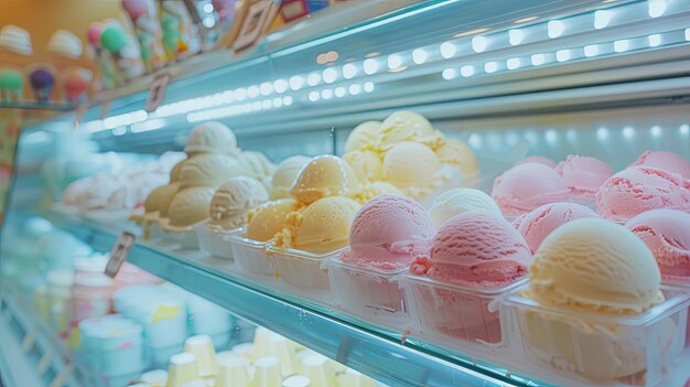 Helado en la vitrina de la cafetería del supermercado Diseño de fondo de la pancarta