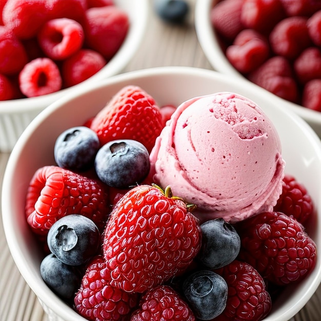 Helados de bayas, cones de waffle y bayas frescas