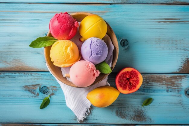 Helados de colores en un bol sobre una mesa de madera azul