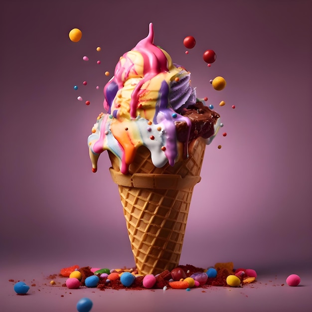 Helados en cono de gofre con caramelos de colores sobre fondo rosa