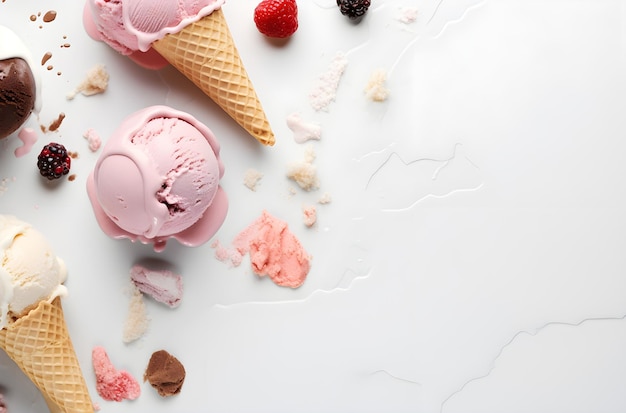 helados en copas de cono sobre fondo blanco