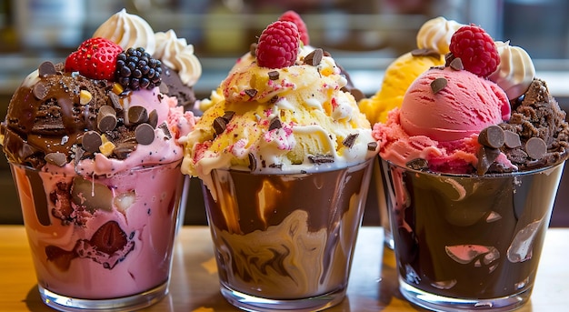 Foto los helados en fila en una mesa.