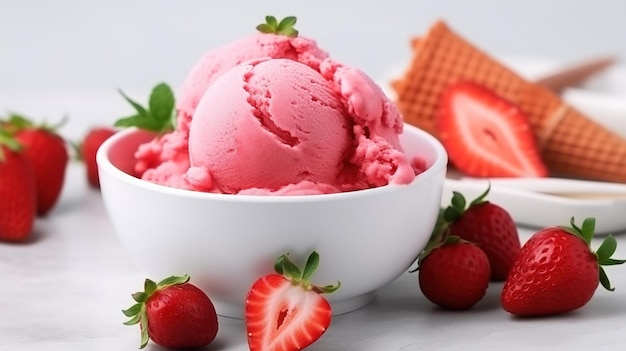 Helados de fresa en un tazón con fresas