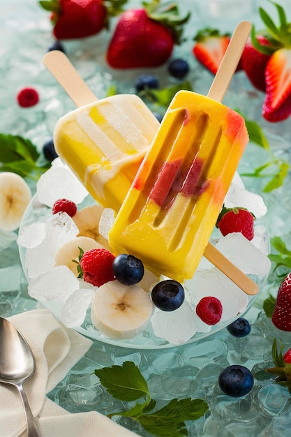 Helados de mango y plátano en hielo con frutas y bayas frescas