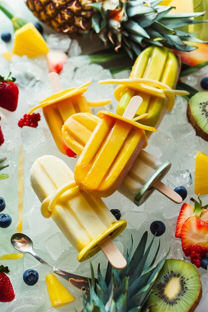 Helados de mango y plátano en hielo con frutas y bayas frescas