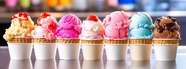 Helados refrescantes de diferentes colores, sabores y tipos en el estandarte de confitería hecho con IA generativa