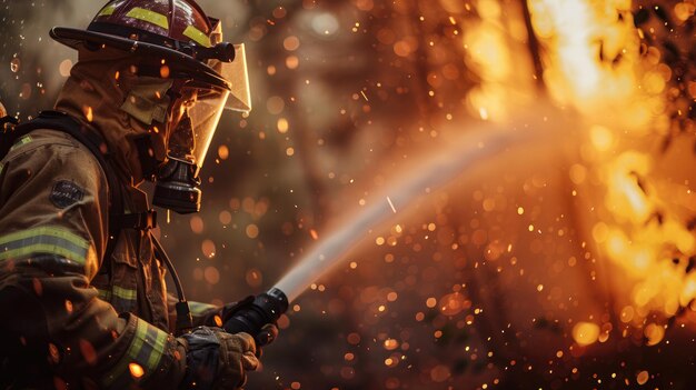 Heldenhafter Feuerwehrmann kämpft aus der Nähe gegen ein Waldfeuer. Wassertropfen, gefroren gegen eine feurige Asche, gefüllt