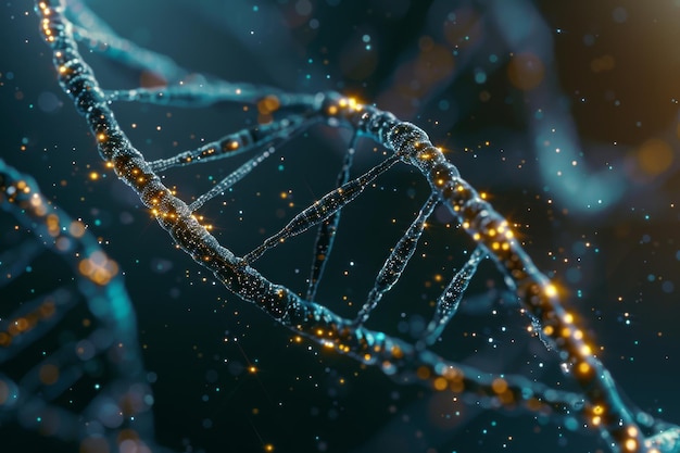 Hélice de ADN brillante en fondo azul oscuro Imágenes de investigación genética
