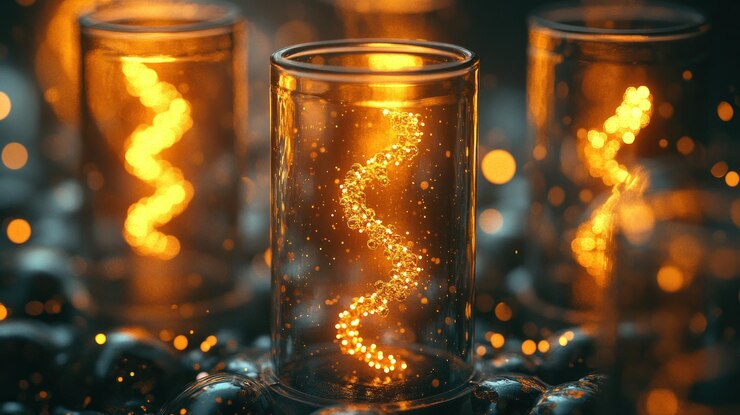 Foto hélice de dna brilhante dentro de um tubo de vidro