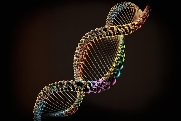 Hélice de DNA em fundo preto Generative AI fita dupla de fios coloridos amarelos e azuis de um ser humano