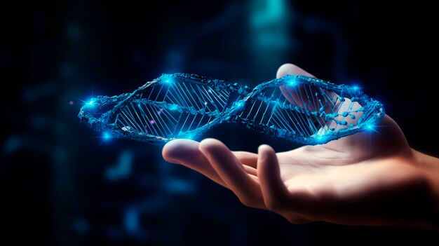 Hélice digital de DNA suspensa acima da mão humana simbolizando o casamento da ciência e da humanidade