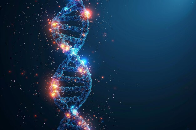Una hélice poligonal abstracta o un diseño de ADN aislado en un fondo azul Concepto de bandera para biotecnología ciencia medicina Tecnología innovadora de ingeniería genética