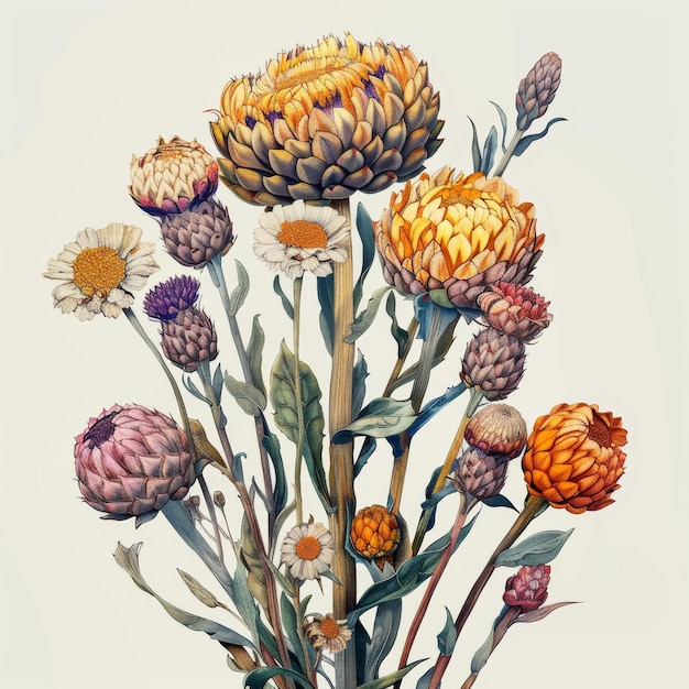 Helichrysum Everlasting Immortelle Flor de paja Planta medicinal Helichlysum Imitación del dibujo