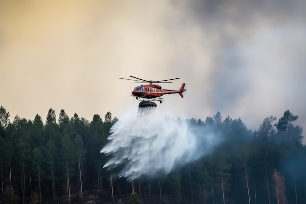 Helicóptero apagando fogo sobre árvores altas Generative ai