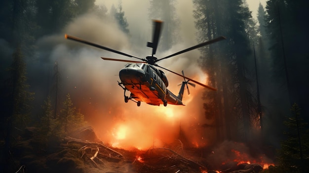 Helicóptero apagando un incendio en un bosque8k detallado