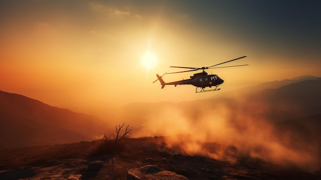 Helicóptero arroja agua sobre un incendio forestal en un terreno accidentado iluminado por un sol poniente filtrado a través del humo