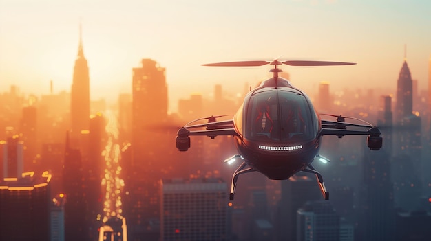 Helicóptero autônomo voando sobre uma cidade ao pôr do sol