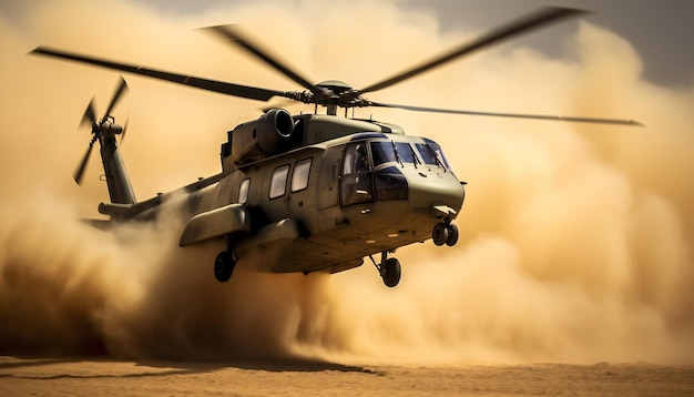 El helicóptero Black Hawk despega en las densas nubes de polvo.