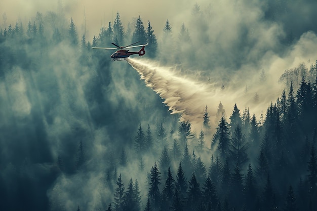 Un helicóptero de bomberos utiliza el espacio de copia para apagar un incendio forestal