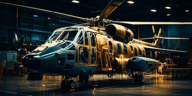 Helicóptero com inúmeras janelas de pé no hangar conceito de aviação IA generativa