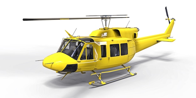 Helicóptero de transporte militar pequeno amarelo em fundo branco isolado ilustração 3D