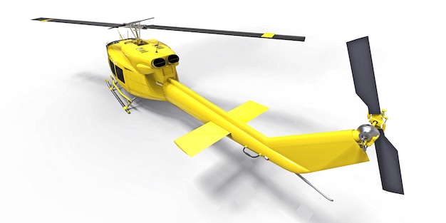 Helicóptero de transporte militar pequeno amarelo sobre fundo branco isolado. O serviço de resgate de helicóptero. Táxi aéreo. Helicóptero para serviço de polícia, bombeiros, ambulância e resgate. Ilustração 3D.