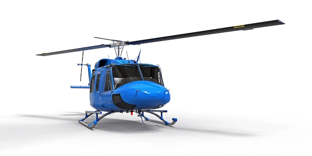 Helicóptero de transporte militar pequeno azul na ilustração 3d de fundo branco