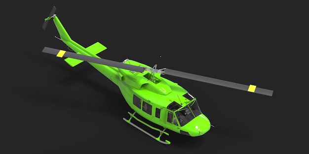 Helicóptero de transporte militar pequeno verde sobre fundo preto isolado. O serviço de resgate de helicóptero. Táxi aéreo. Helicóptero para serviço de polícia, bombeiros, ambulância e resgate. Ilustração 3D.