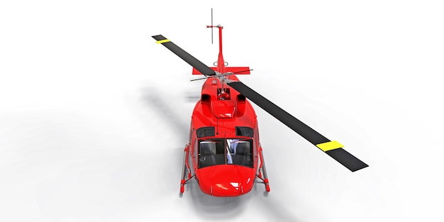 Helicóptero de transporte militar pequeno vermelho sobre fundo branco isolado. O serviço de resgate de helicóptero. Táxi aéreo. Helicóptero para serviço de polícia, bombeiros, ambulância e resgate. Ilustração 3D.