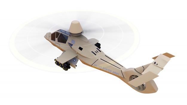 Helicóptero do exército moderno em vôo com um conjunto completo de armas em um fundo branco. Ilustração 3D.