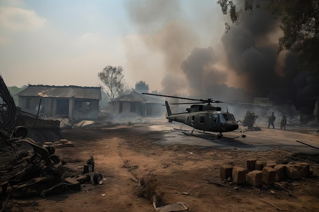 Helicóptero do Exército pousa entre ruínas fumegantes de vila destruída por forças rebeldes