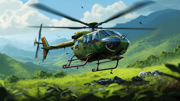 Un helicóptero ecológico verde jade que planta semillas en el entorno.