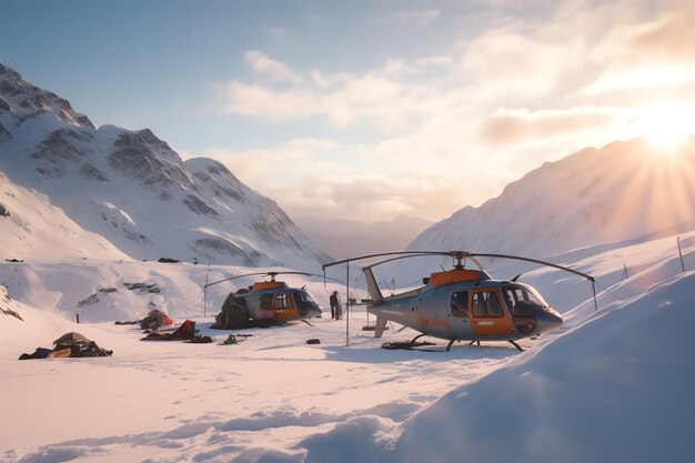 Foto un helicóptero está estacionado en un paisaje nevado con montañas al fondo.