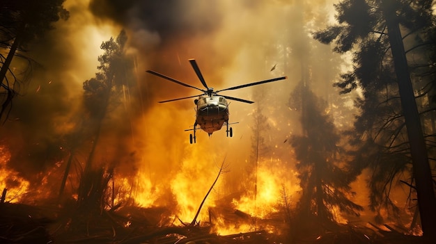 Helicóptero de extinción de incendios llevar balde de agua para extinguir el incendio forestal