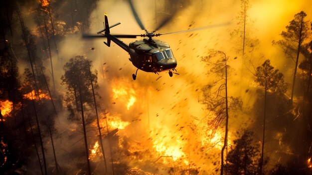 Helicóptero de extinción de incendios llevar balde de agua para extinguir el incendio forestal