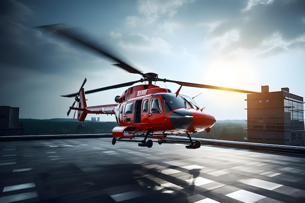 Foto helicóptero en el helipuerto del techo de un hospital para casos de emergencia