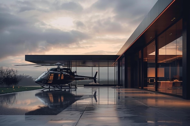Helicóptero de lujo frente al exterior de una casa negra moderna